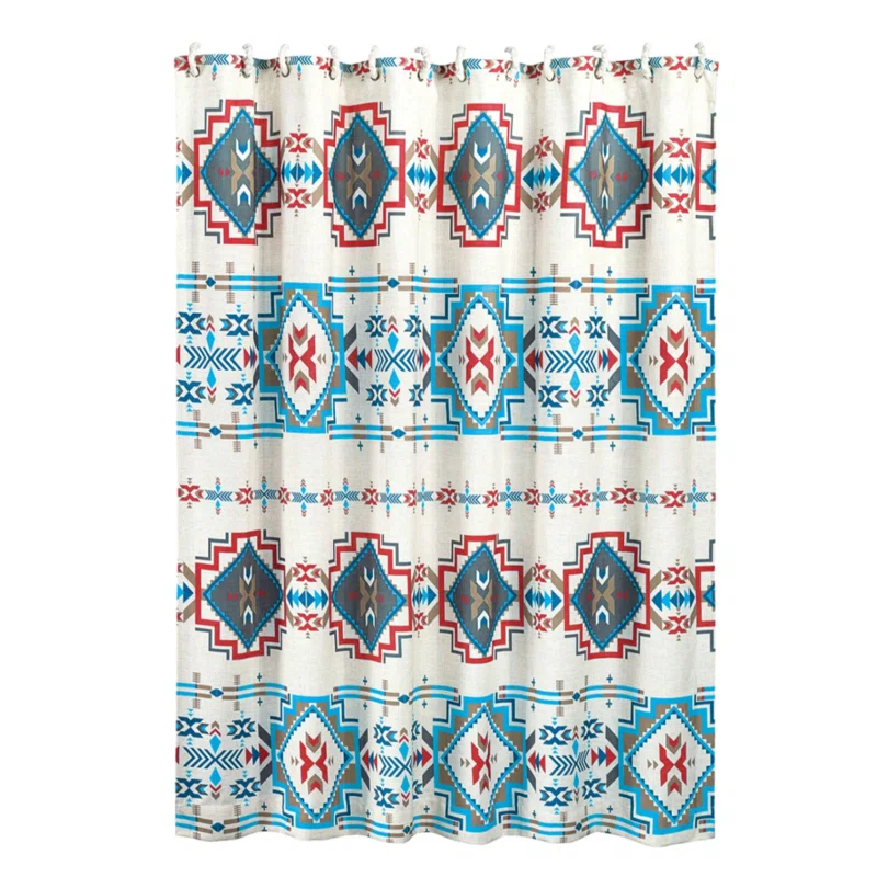 Paseo Road by HiEnd Accents Spirit Valley Red/Teal Aztec Print Southwestern Rustic Farmhouse 72x72 inch Shower Curtain + Hooks