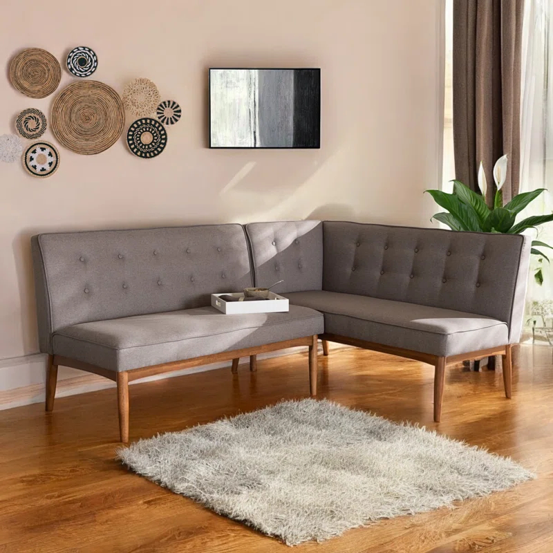 George Oliver Tomball Gray Fabric Upholstered 2-Pc Wood Dining Nook Banquette Set, 31.39" H X 53.25" W X 26.16" D