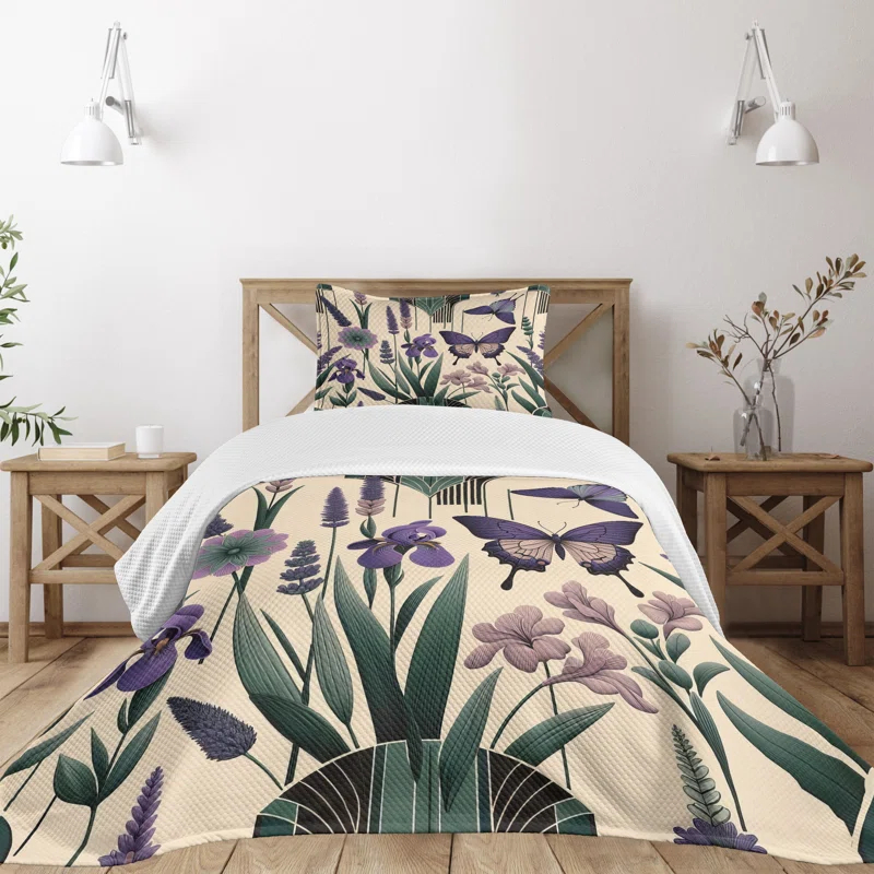 Ambesonne Ambesonne Lavender Bedspread Set Witchy Feels Modern Leaves Peach Dark Purple Green