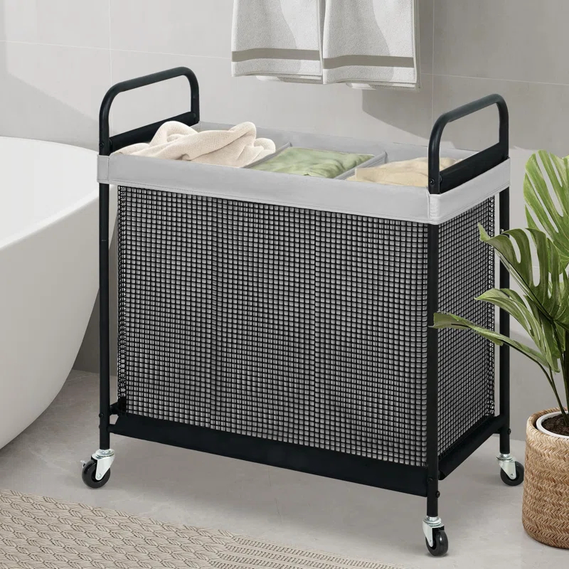 Latitude Run® Laundry Hamper 3 Section, 120L Rolling Laundry Sorter Cart With Removable And Washable Liner Bag, Rolling Clothes Hamper With Metal Handle For Laundry Room And Bedroom,