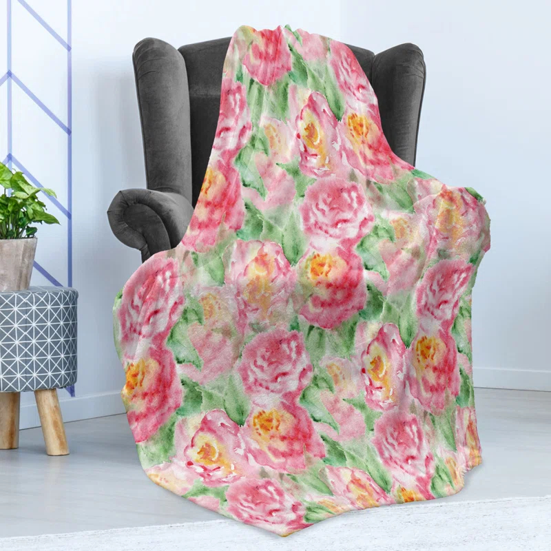 Ambesonne Ambesonne Rose Fleece Blanket Soft Blossoming Pink Green