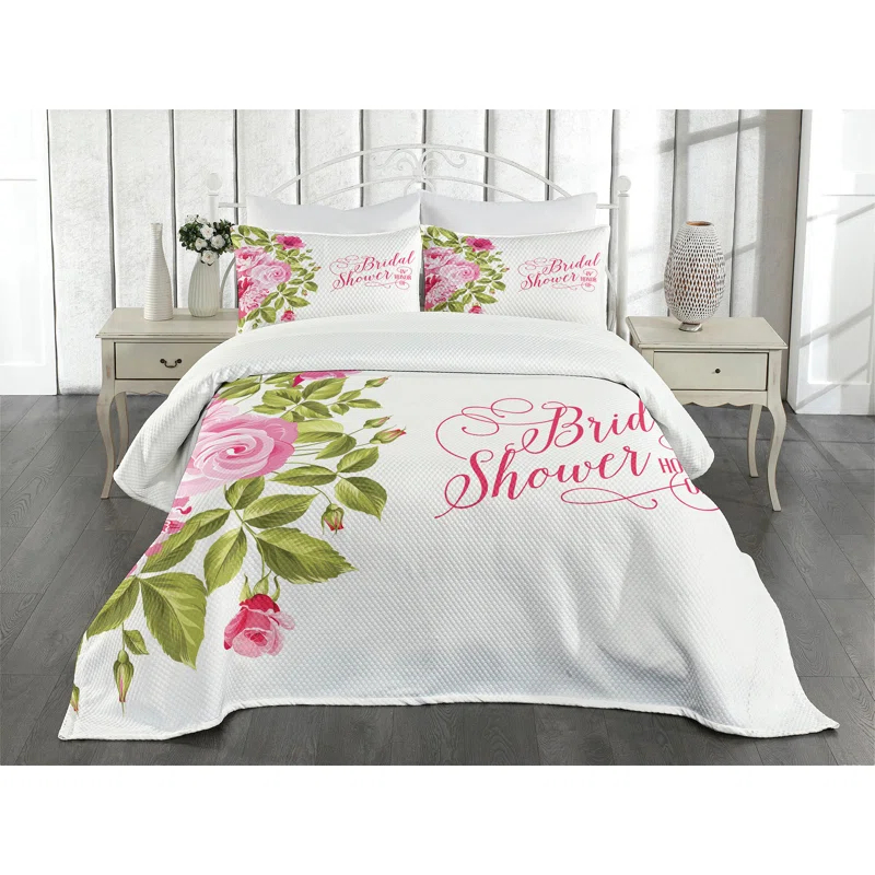 Ambesonne Ambesonne Pink Bedspread Set 3 Pcs Bride Shabby Flowers Queen Pale Pink Hot Pink