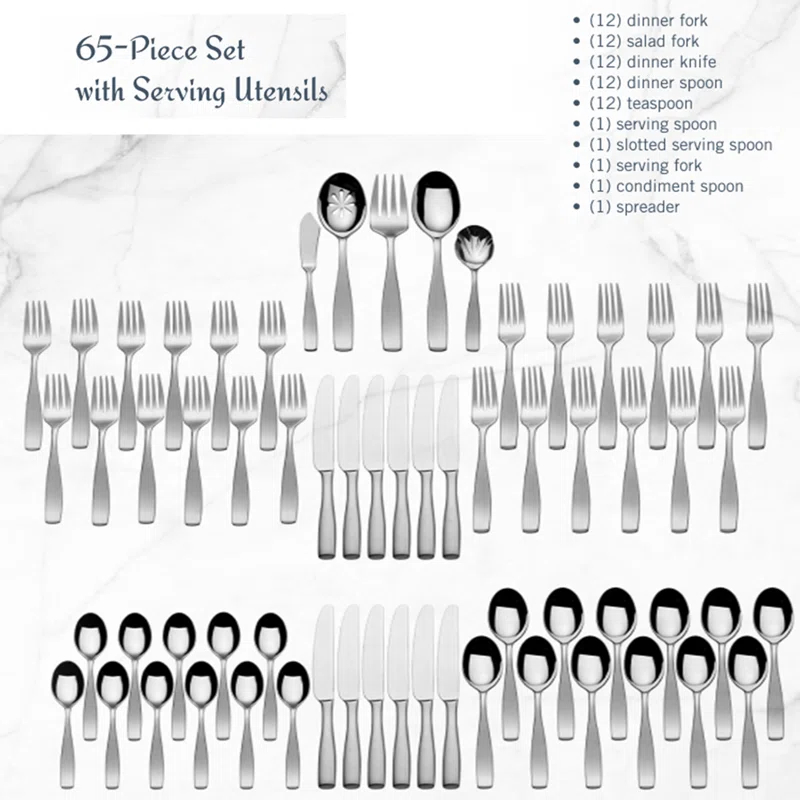 Hokku Designs Flatware Service for 12, 65 Piece Set, 18/10 Stainless Steel Silverware Set