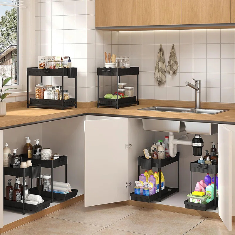 Adeco Trading Under Sink Organizer, 2-Tier Multi-Use Kitchen Bathroom Organizers And Storage With Sliding Drawer，Bathroom Cabinet Organizer (Black, 3 Pack)