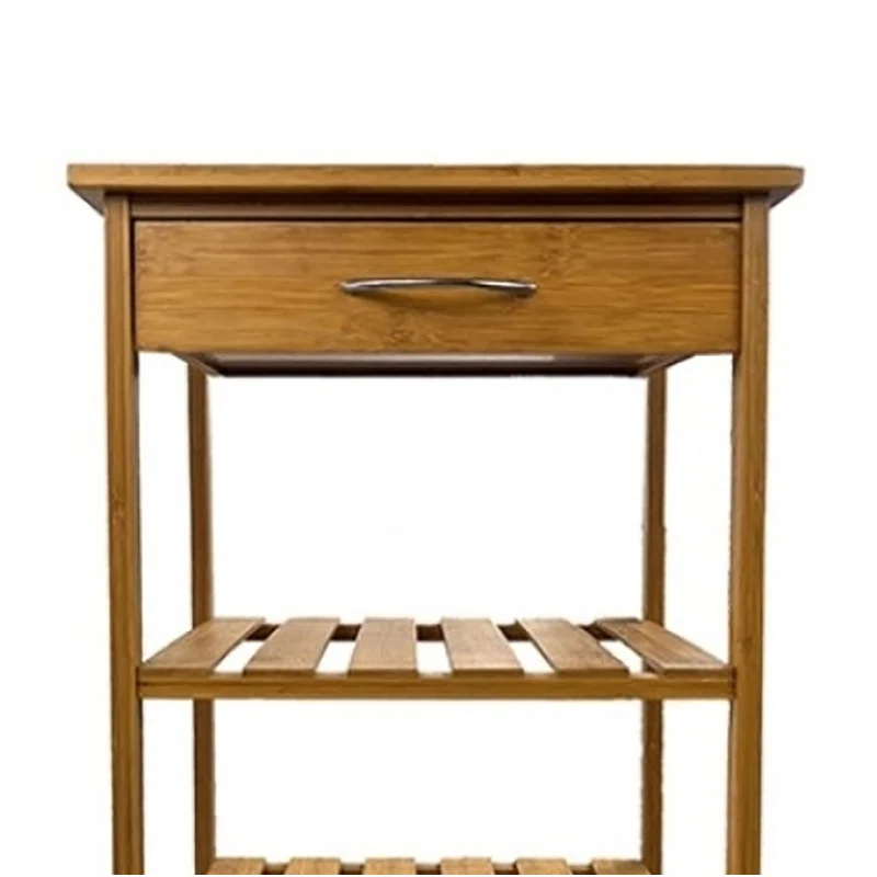 Benjara Harry Kitchen Bar Cart, 1 Drawer, 3 Shelves, Brown Bamboo, Rolling Wheels
