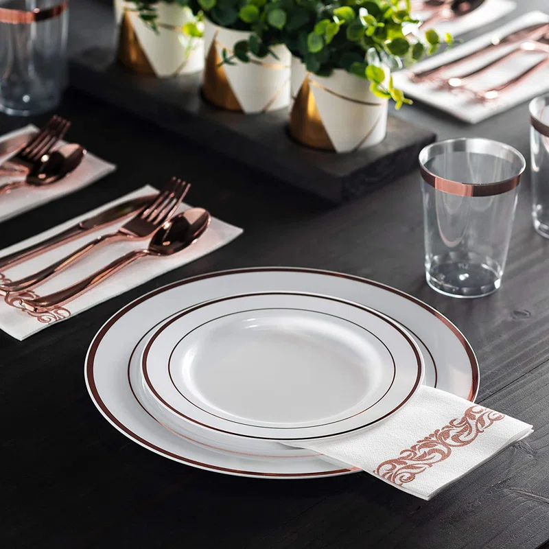 Munfix Rose Gold Rim Plastic Plates Party Supplies Kit for 50 Guests