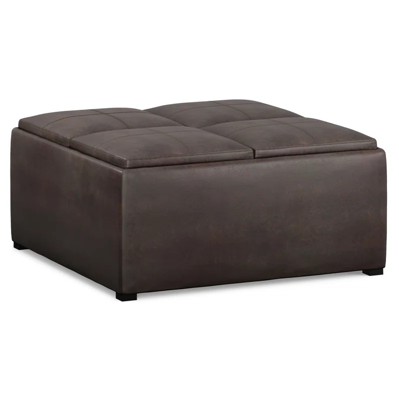 Simpli Home Avalon 35"W Upholstered Square Coffee Table Storage Ottoman with Flip-Over Trays