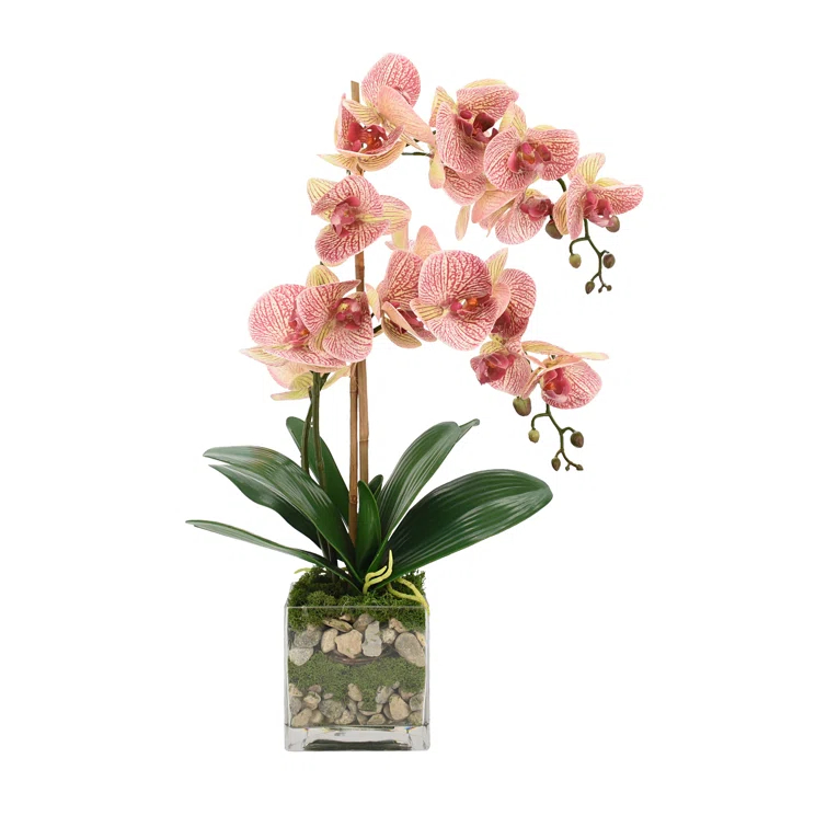 Pink Polysilk Orchid and Bamboo Arrangement in Glass Vase