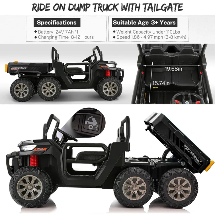 JOYRACER 24V 2 Seater Ride On Dump Truck with Remote Control , Electric UTV Car with Electric Dump Bed, 4WD Power Ride Cars W/6 Wheels Ride On Toys with Shovel Music Player