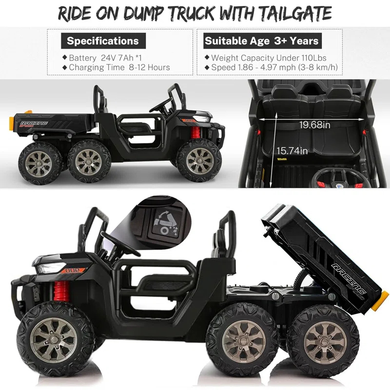 JOYRACER 24V 2 Seater Ride On Dump Truck with Remote Control , Electric UTV Car with Electric Dump Bed, 4WD Power Ride Cars W/6 Wheels Ride On Toys with Shovel Music Player