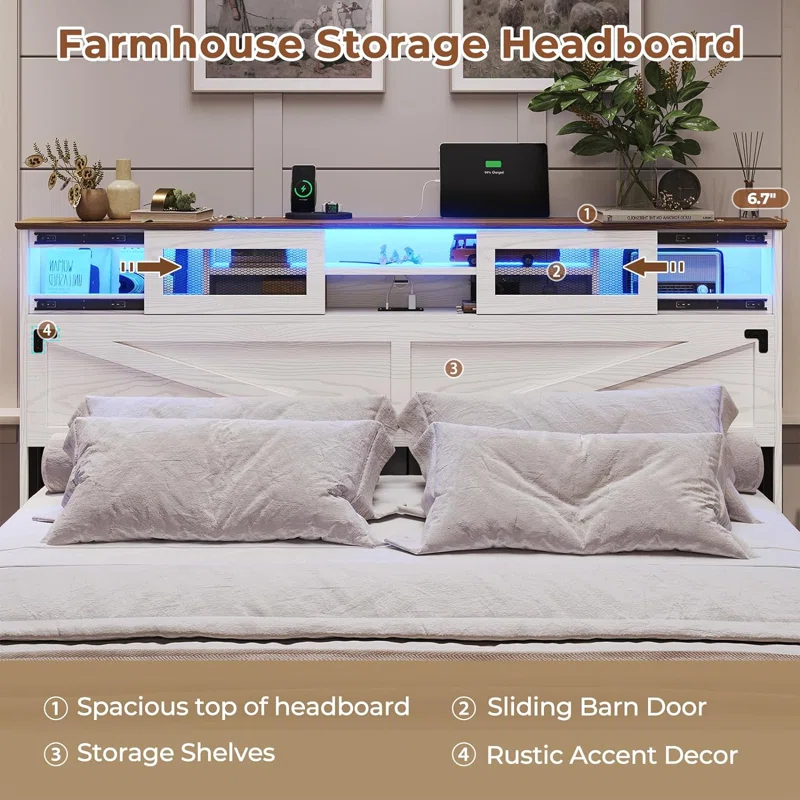 Ivy Bronx Farmhouse Bed Frame King Size With Bookcase Headboard And 2 Drawers, Wooden Platform King Bed With Led Lights And Charging Station, Rustic Accent Headboard With Sliding Door, White