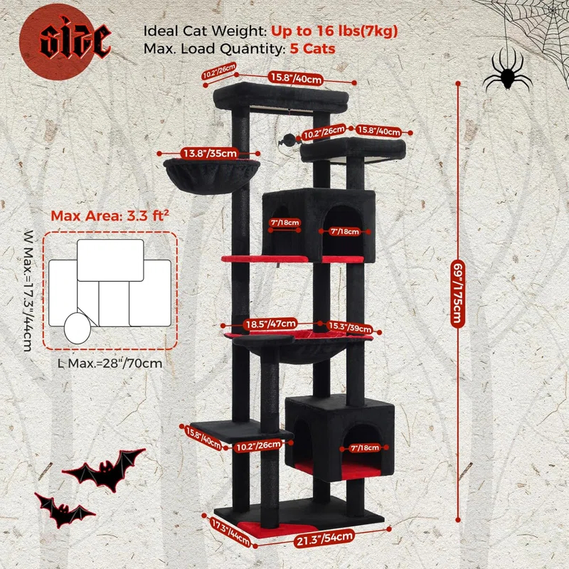 69" Tall Cat Tree For Indoor Large Cats, Large Cat Tower For Adult Cats With Super Large Hammock, Cat Climbing Tree Tower With Scratching Posts, Condo House And Large Top Perch
