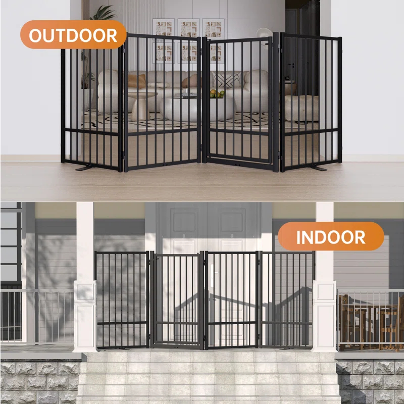 Full Matel Freestanding Dog Gate With Door, 32 Inch Height Foldable Pet Dog Fence Extra Wide Free Standing Small Dog Gates For Doorways,House,Stairs,Porch,Deck,Yard