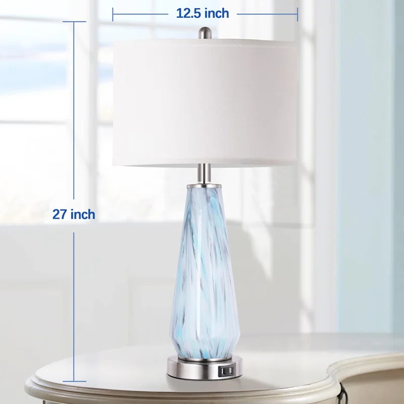 Brayden Studio® Modern Table Lamp Set Of 2 Touch Control, 27" Tall Faded Swirl Blue Gray Art Glass Bedside Lamp With USB Ports, 3-Way Dimmable Hand Crafted Nightstand Lamps White Drum Shade For Living Room, Bedroom