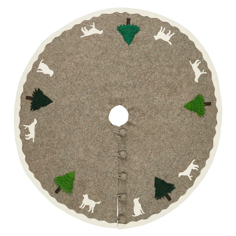 Arcadia Home Cream Dogs and Green Trees Christmas Tree Skirt on Gray in Hand Felted Wool