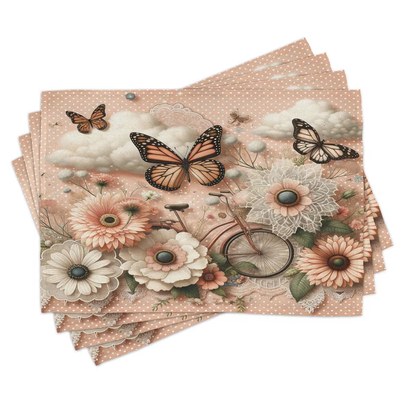 Ambesonne Polyester Peach Peacock Green Rectangle Placemat (Set of 4)