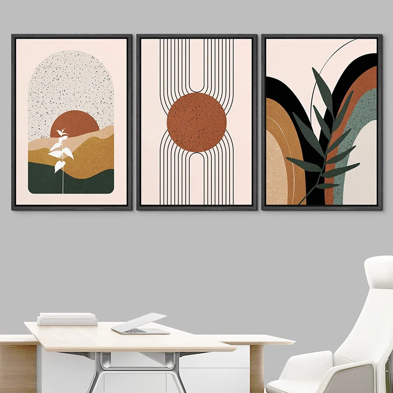IDEA4WALL Mid Century Modern Boho IDEA4WALL Framed Canvas Print Wall Art Set Geometric Tropical Landscape Abstract Shapes Illustrations Minimalism Bohemian Decorative For Living Room, Bedroom, Office - 24"X36"X3 Natural