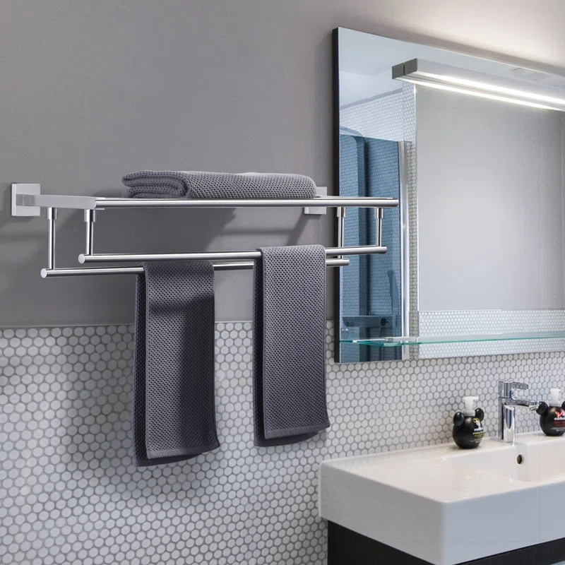 ARCORA AR5150102-32 2-Tier 20" Wall Mounted Stainless Steel Bathroom Towel Rack With 2 Towel Bars Round Rods