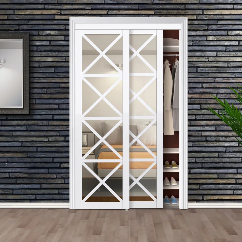 Renin Lace 80'' Solid + Manufactured Wood Mirrored Low-Gloss Sliding Closet Doors