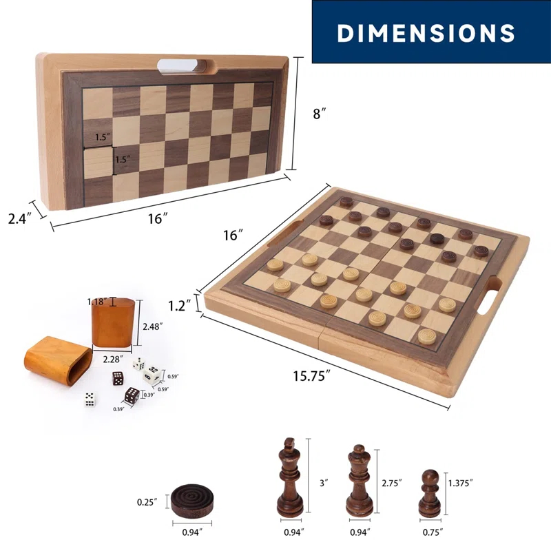 GSE 3-in-1 Wooden Folding Chess, Checker and Backgammon Board Game Combo Set