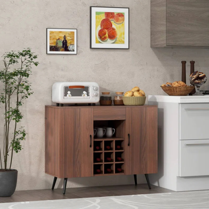 George Oliver Mid-Century Modern Buffet Sideboard Server Cabinet With 9-Bottle Wine Rack