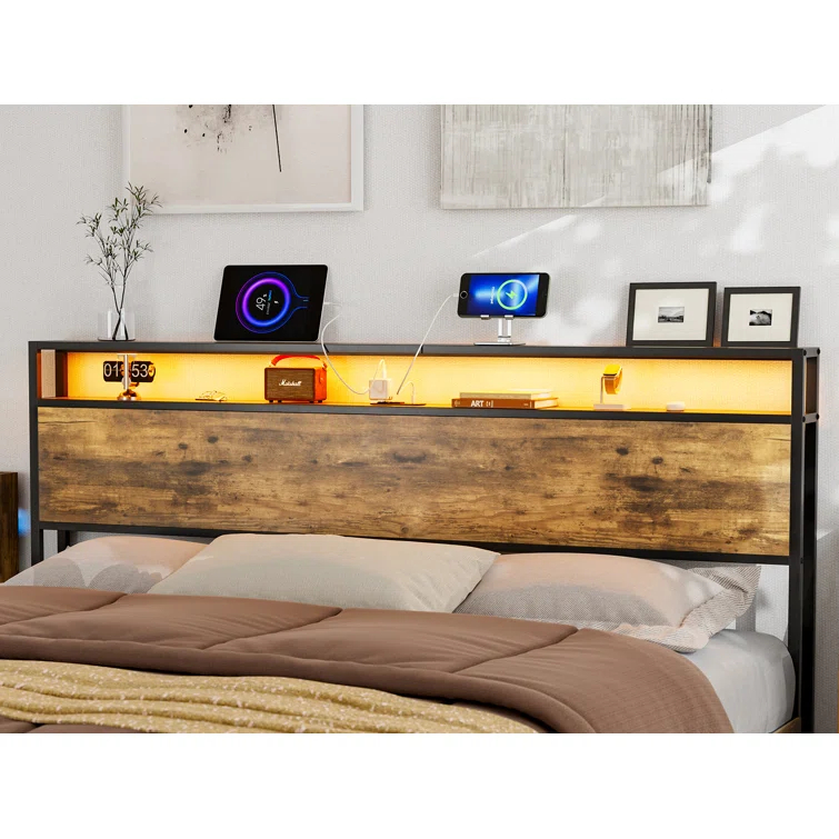 Ivy Bronx Kaiwei Storage Headboard With Led Lights & Charging Station - Industrial Metal And Wood
