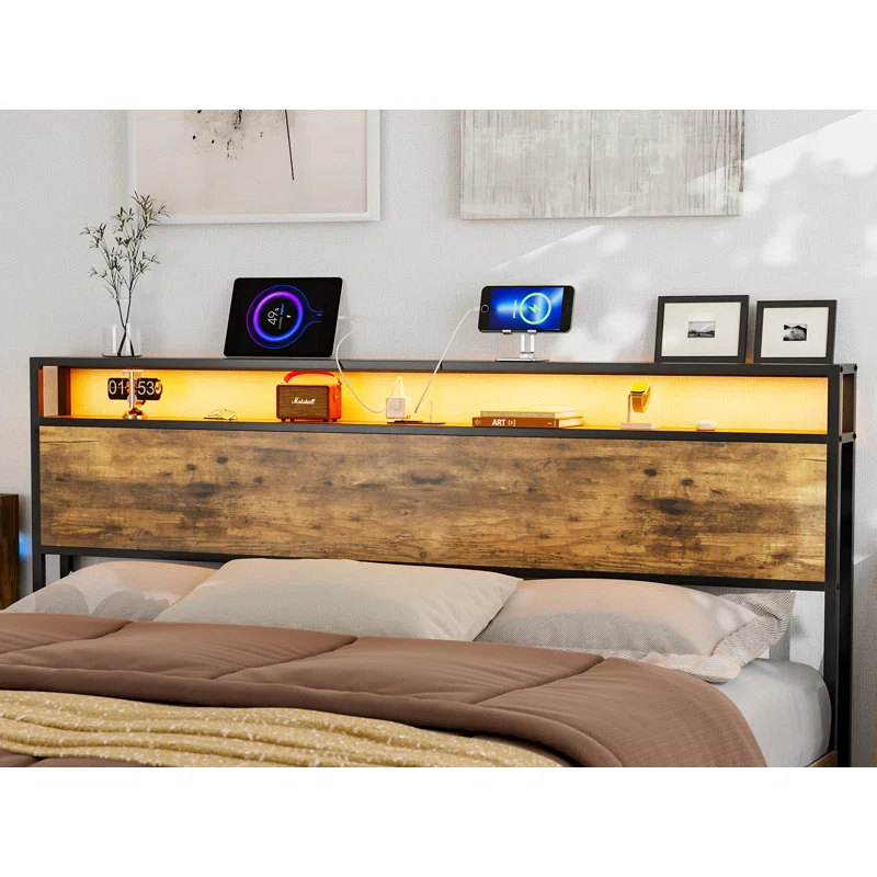 Ivy Bronx Kaiwei Storage Headboard With Led Lights & Charging Station - Industrial Metal And Wood