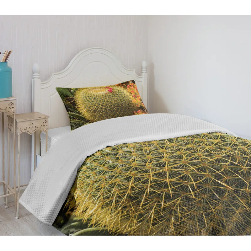 Ambesonne Ambesonne Flower Bedspread Set Cactus Plant with Spikes Green and Pink