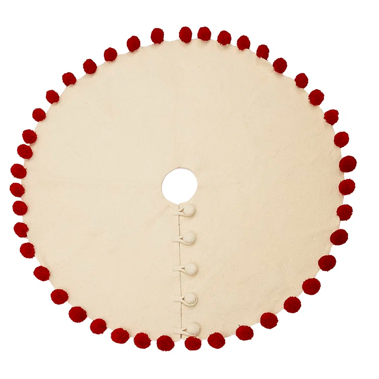 Pom Poms Red Pom Poms on Cream Handmade Felt Christmas Tree Skirt - - 63"