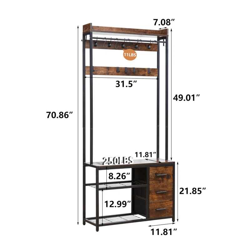 Hall Tree, 5-in-1 Coat Rack with Bench and Shoe Storage