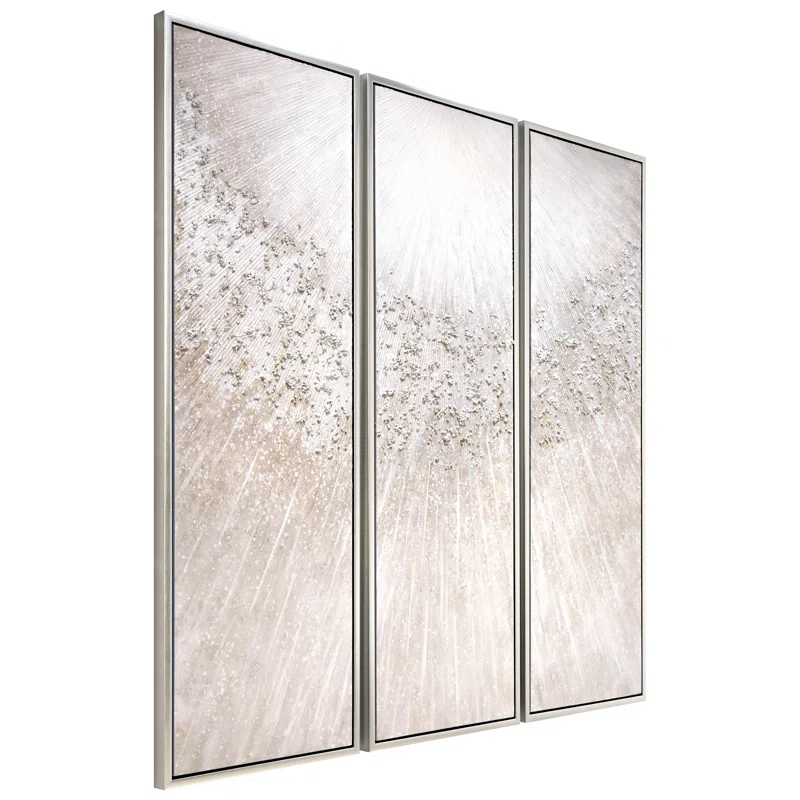 Empire Art Direct Silver Radiant Trio Textured Glitter Hand Painted Framed Canvas Wall Art with Silver Leaf