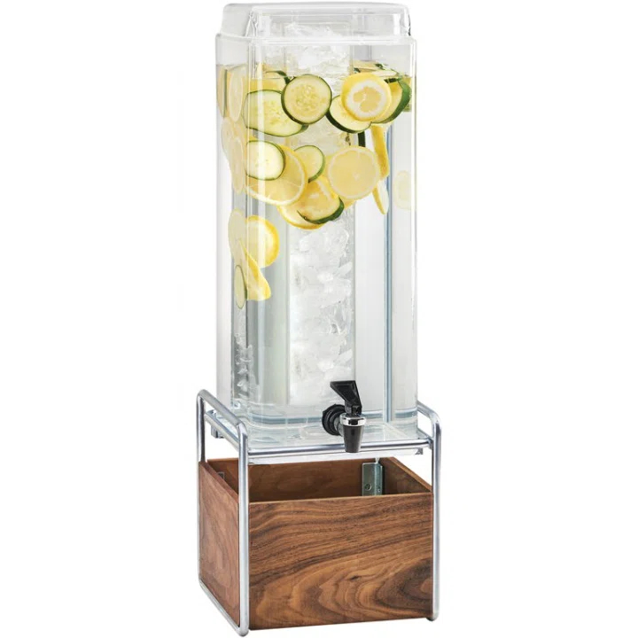 Cal-Mil Mid-Century 3 Gallon Square Beverage Dispenser with Walnut and Base and Infusion Chamber