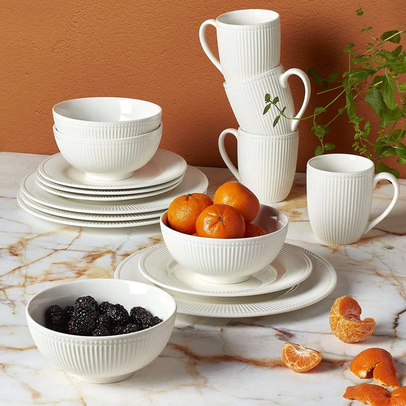 Tabletops Gallery Tabletops Gallery Fleur 16 Piece Dinnerware Set Embossed Bone White Porcelain (Dinner Plate, Salad)