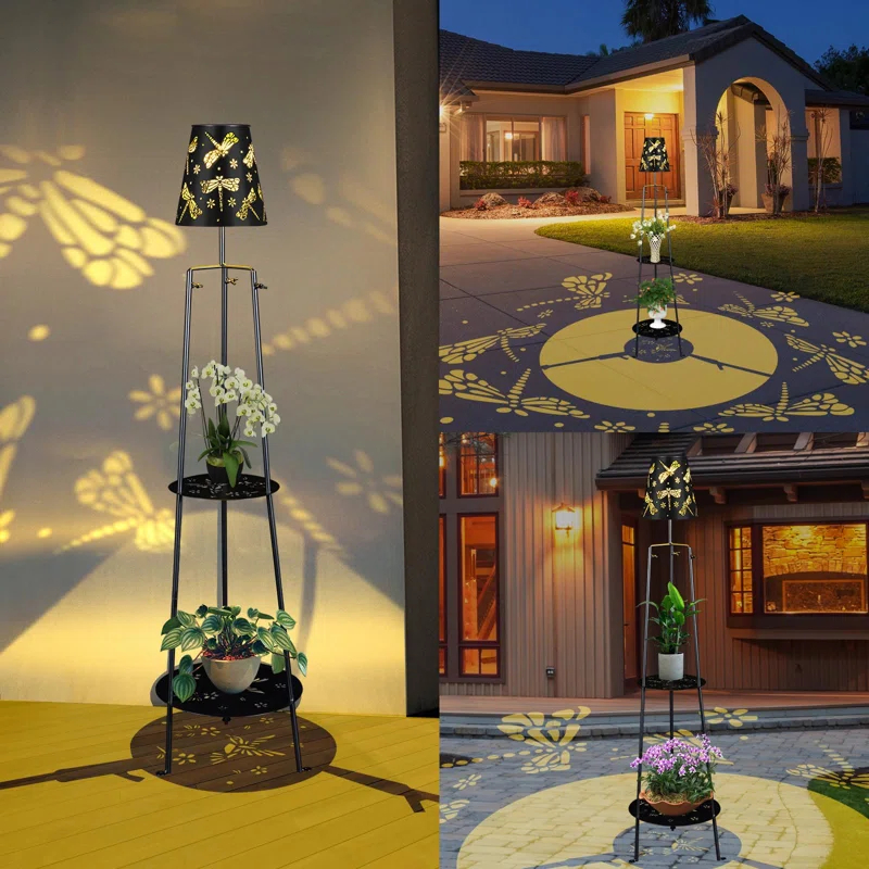 TULGIX Outdoor Metal Solar Floor Lamps With 2 Plant Stand