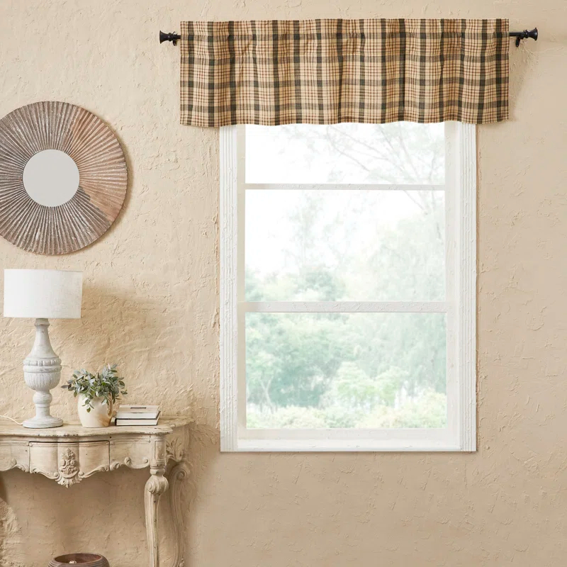 Rosalind Wheeler Holms Plaid Cotton Tailored Window Valance in Khaki/ Forest Green/ Russet