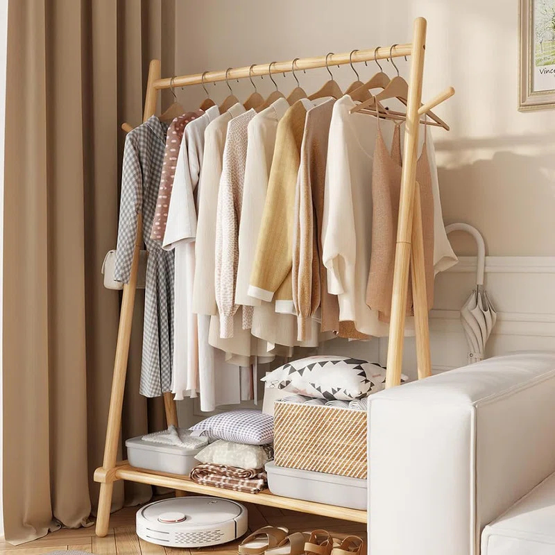 Rebrilliant Solid Wood Clothes Rack, Clothing Rack With Shelf And Hook, Sturdy And Portable, Garment Rack For Hanging Clothes,Coats,Skirts,Shoes,Bags,Easy To Assemble (Natural)