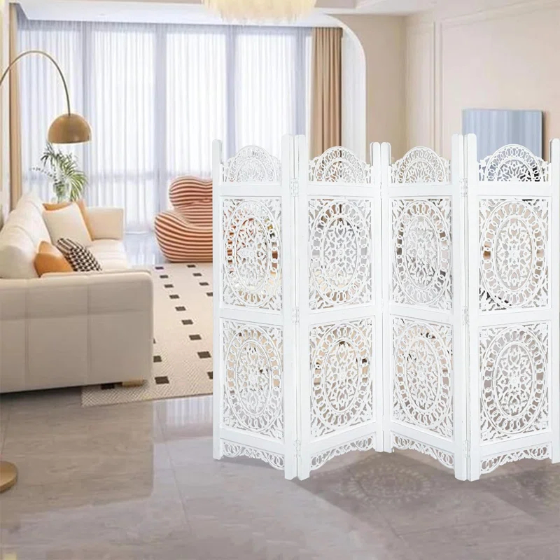 Canora Grey Light & Pro Wood Heart Design Handmade Hinged Foldable Partition 4 Panel Room Divider Screen With Intricately Carved Designs, Pre Assembled - Ready To Use - 48" X 64"