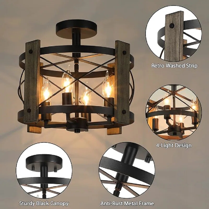 Williston Forge Farmhouse Rustic Light Fixture Ceiling Mount, Semi Flush Mount Ceiling Light Fixture, 4-Light Black Industrial Retro Washed Ceiling Light For Kitchen Dining Room Bedroom Hallway Bathroom