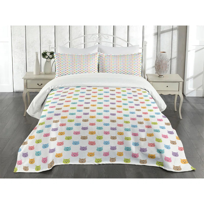 Ambesonne Ambesonne Cat Bedspread Set Colorful Faces Multicolor