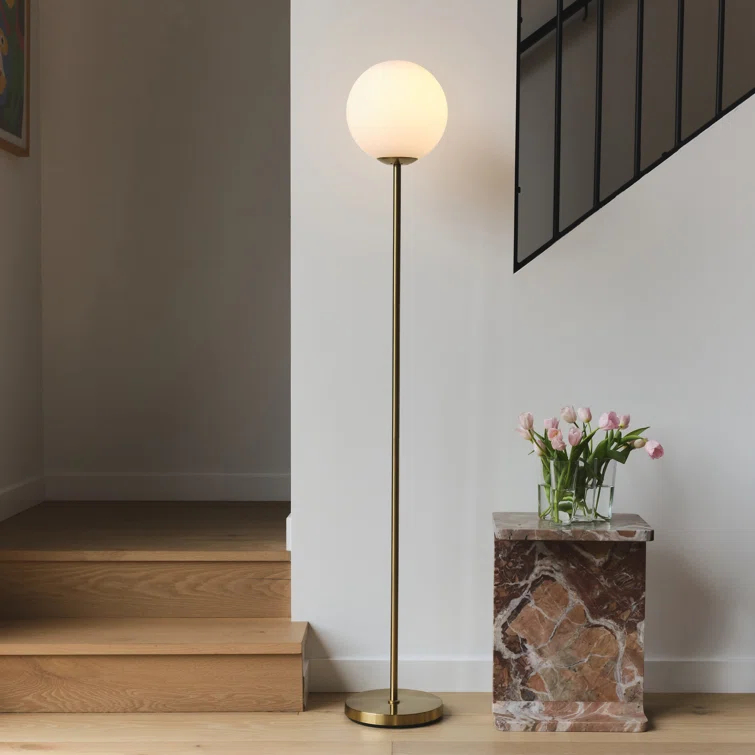 Brightech Luna Industrial Modern LED Floor Lamp with Glass Round Globe Shade