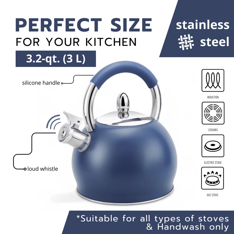 HAUS ROLAND HAUS ROLAND 3.2 Quarts Stainless Steel (18/10) Whistling Stovetop Tea Kettle