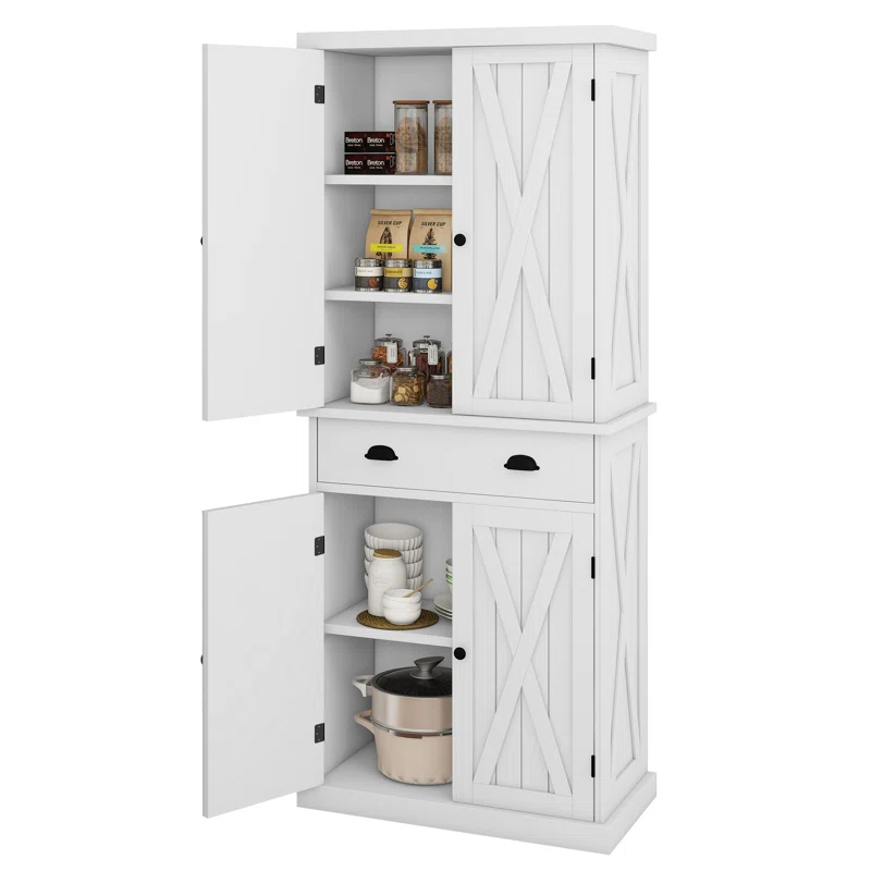 Gracie Oaks Sneyd 72" H Wood Farmhouse Kitchen Pantry Cabinet with Adjustable Shelves & Drawer