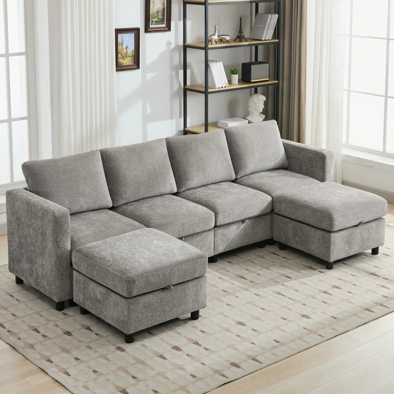 Ebern Designs 107”Modular Sectional Sofa Convertible U Shaped Sofa Couch Set With Storage For Living Room, Modern 6 Seater Modular Sectional Couch With Movable Ottoman, Chenille
