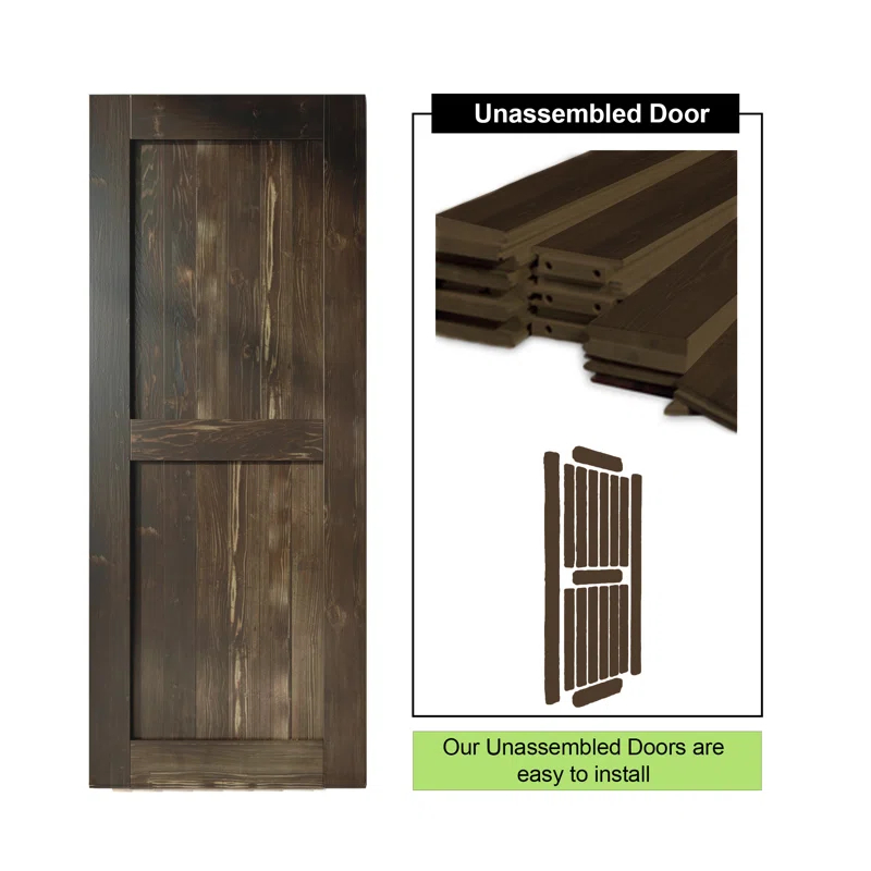 Homacer H Design Color Solid Pine Wood Unassembled Door with Black Rustic Installation Hardware Kit