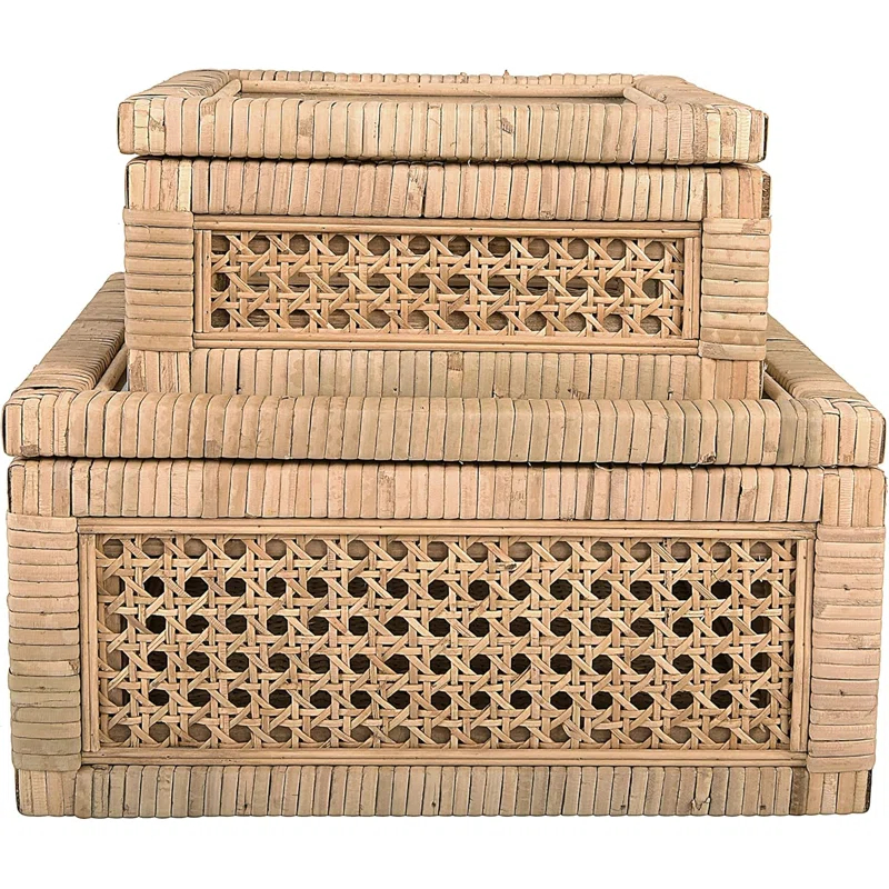 Bayou Breeze Modern Decorative Square Woven Rattan And Wood Display Boxes With Glass Top, Set Of 2 Sizes, Natural Finish