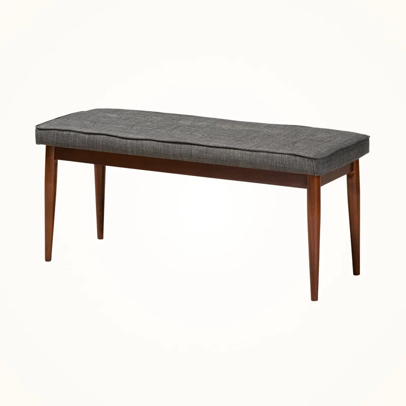 George Oliver Ayala Mid-Century Modern Dining Bench with Medium Oak Finish and Dark Grey Fabric Upholstery