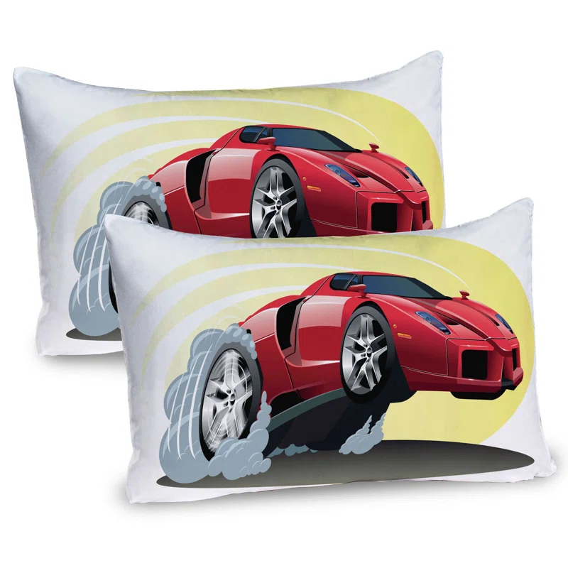Ambesonne Cars Pillow Sham 2 Pack Cartoon Vehicle Powerful Red Yellow Grey