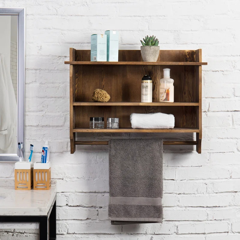 Solid Wood Wall Mounted Bathroom Shelves with Towel Bar