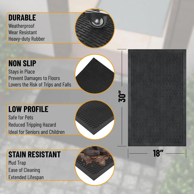 Ottomanson Easy clean, Waterproof Non-Slip Indoor/Outdoor Rubber Doormat, Black