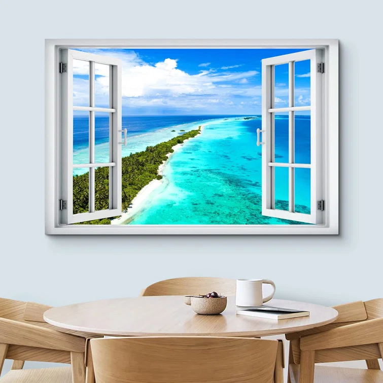 IDEA4WALL Window Scenery " Window View Teal Blue Beach Shore Tropical Island Wilderness Nature "